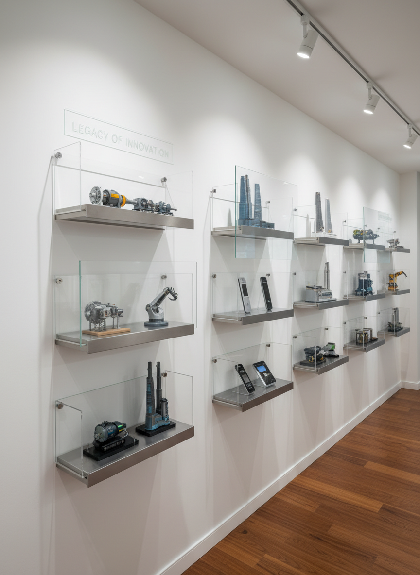 A stylish project gallery wall in a modern office space, featuring a series of frameless glass panels and metallic shelves displaying models of industrial equipment, miniature building mockups, and sleek product prototypes symbolizing a history of corporate achievements. The wall is finished in smooth matte white, contrasting with the warm-toned hardwood floor. Track lighting casts precise beams on each project display, creating controlled highlights and gentle shadows. The atmosphere is proud yet understated, emphasizing reliability and technical expertise. Photographic realism, captured at eye level with a slight diagonal angle to show depth across the gallery, using a moderate depth of field so the nearest models are in sharp focus while the far end softly recedes into blur.