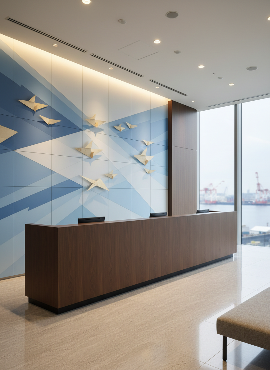 A sleek corporate reception area for a Yokohama-based company, with a minimalist dark-wood reception counter and a large abstract wall installation subtly suggesting an open sky and craft-like geometric forms. The polished stone floor reflects soft overhead downlights and indirect cove lighting along the ceiling. A tall window reveals a faint, out-of-focus urban waterfront hinting at Kanagawa’s port city atmosphere. The mood is professional, calm, and trustworthy. Photographic realism, eye-level composition with the counter placed using the rule of thirds, crisp focus in the foreground and a gentle bokeh background, conveying a modern Japanese corporate identity without any visible people or text-based logos.