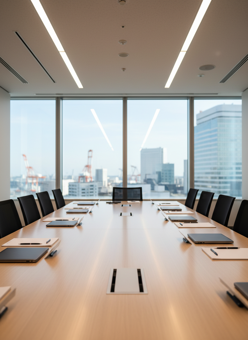 A spacious conference room representing a professional corporate environment in Yokohama, featuring a long, pale oak meeting table with carefully arranged notepads, closed laptops, and fine-line metal pens. Floor-to-ceiling windows reveal a subtle, blurred cityscape with hints of harbor cranes and modern mid-rise buildings. Soft afternoon natural light streams in, complemented by slim recessed LED ceiling fixtures that create clean reflections on the table’s surface. The mood is focused and strategic, ideal for discussing project achievements and future plans. Shot from a slightly elevated angle in photographic realism, with strong linear perspective leading toward the windows, sharp detail throughout, and a clean, modern aesthetic without any human presence.