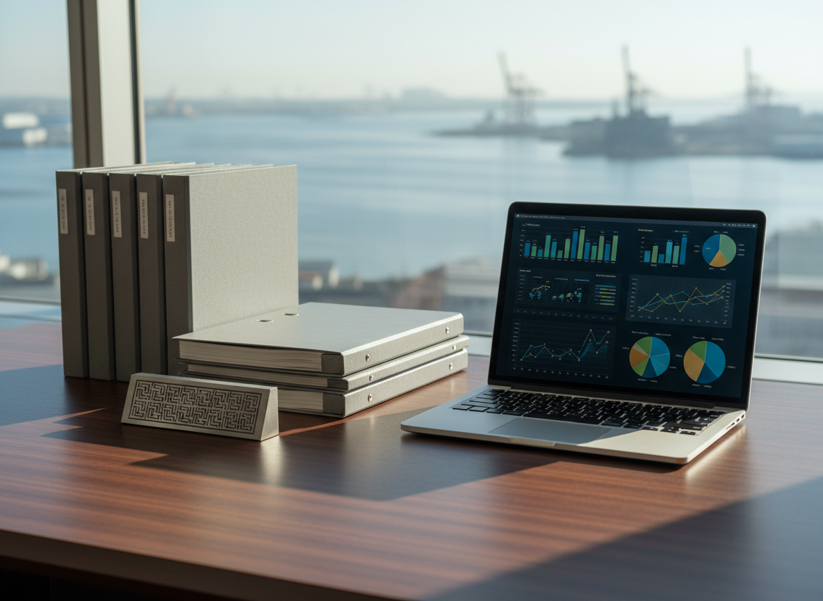 A polished business workspace prepared for documenting corporate results, featuring a dark-grain wooden desk with a thin, silver laptop displaying abstract charts and graphs, a stack of neatly aligned project folders, and a small metallic desk plaque with an engraved pattern instead of text. A large window on the side reveals a blurred hint of Yokohama Bay and distant industrial silhouettes. Soft morning daylight washes across the desk, creating subtle shadows from the folders and laptop, emphasizing order and precision. The mood is organized, reliable, and data-driven. Photographic realism, captured from a slightly elevated, three-quarter angle with a shallow depth of field that keeps the desk items sharp while the background cityscape fades into a smooth bokeh.