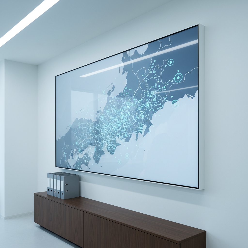 A large, high-resolution digital map of Yokohama and greater Kanagawa displayed on a slim, wall-mounted screen in a sleek office corner, surrounded by clean white walls and a low, dark credenza holding a few neatly stacked binders. The map uses neutral blues and grays, with softly glowing nodes indicating multiple project sites and client locations, suggesting extensive regional activity without any readable labels. Cool, even LED lighting provides a clear, technical feel, with subtle reflections along the screen’s glass. The mood is analytical and forward-looking. Photographic realism, shot from a three-quarter angle to capture both the screen and surrounding space, with sharp focus and a balanced, corporate aesthetic.